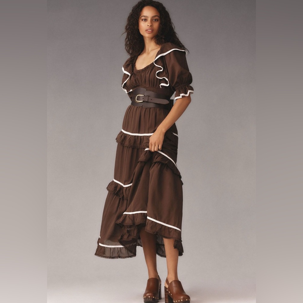 Anthropologie puff sleeve tiered maxi Elegant Brown white Ruffled  Dress
